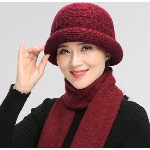 Autumn Winter Middle Aged Elderly Hat Women Mother Grandmother Rabbit Wool Warm Cap Female Soft Fashion Pure Color Scarf H7172