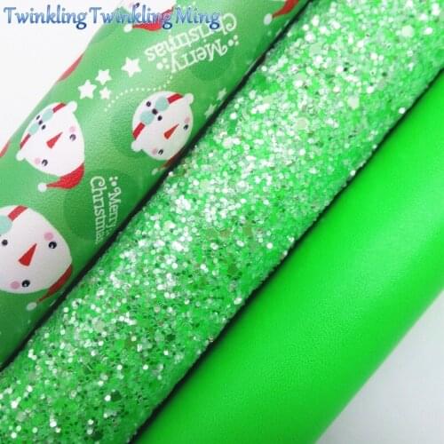 GREEN Glitter Fabirc, Faux Leather Fabric, Santa Printed Synthetic Leather Fabric Sheets For Bow A4 8"x11"Twinkling Ming XM479