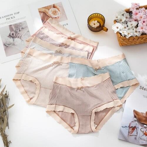 New Plaid Print Girls Panties Seamless Stretch Mid-Waist Underwear Antibacterial Cotton Crotch Womens Underpants Sexy Lingerie