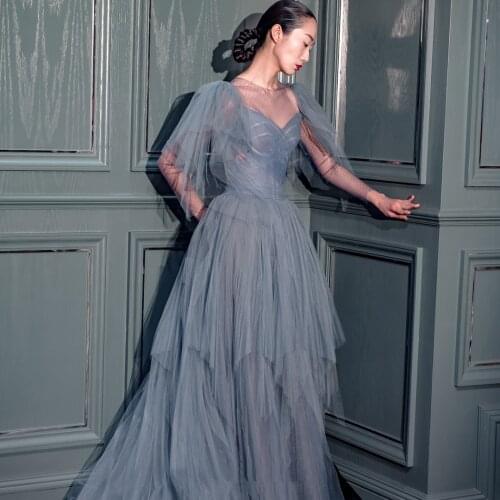 V-neck Short Sleeves Evening Dress Tulle Party dress with Sweep Train A-line Long dress illusion evening gown