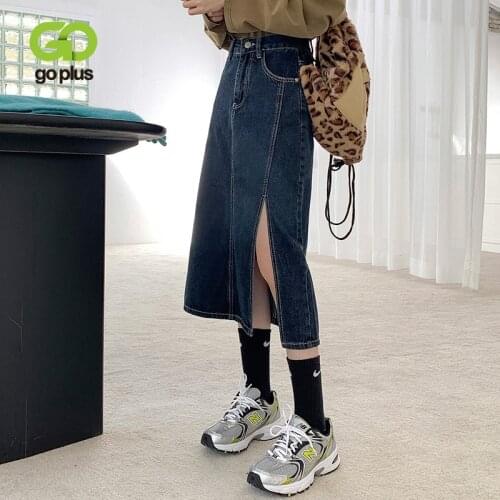 GOPLUS Skirt Vintage Midi Long Denim Skirts Plus Size Korean Fashion Split Jean Skirt Jupe Longue Femme Rokken Dames C11145
