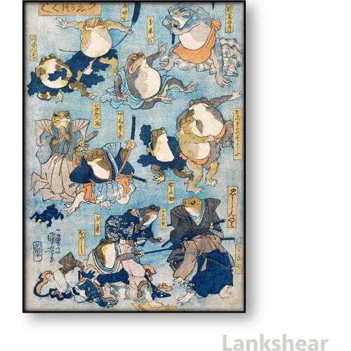 Vintage Frog Art Canvas Poster Famous Heroes Kabuki Stage Played By Frogs Antique Japanese Woodblock Wall Art Canvas Painting
