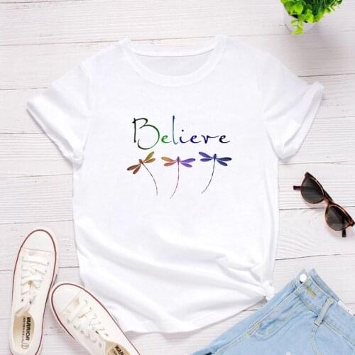 Ladies Tee Shirt Tops Camisetas Mujer Dragonfly Believe Letter Print Women T Shirt Short Sleeve O Neck Loose Women Tshirt