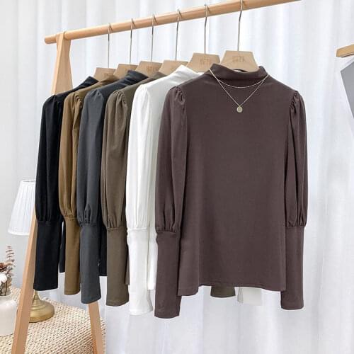 Women Slim Shirt Turtleneck Solid Color Tops Long Sleeve T-Shirt Female Autumn Tops and Tees Puff sleeve Casual T-shirts S-2XL