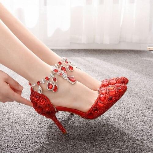 Women sandals wedding Party banquet PU Rhinestones Buckle Strap 9.5CM Thin High Heels Pointed Toe sandal women shoes size 35-42