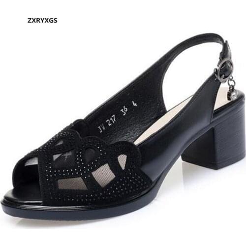 2020 New Fish Mouth Summer Sandals Cowhide Mesh Women Sandal Shoes Non-slip Soft Comfort High Heel Sandals Large Size Sandals