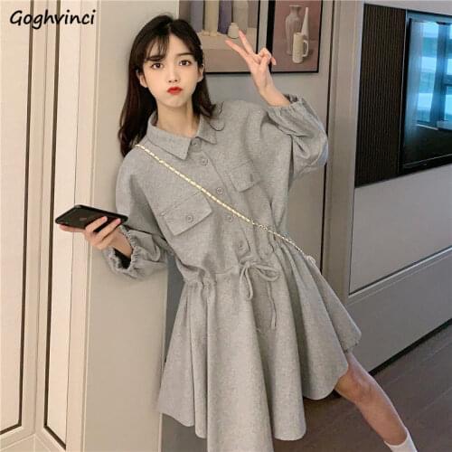 Long Sleeve Dress Women Autumn Turn Down Collar Preppy Style Fashion Streetwear Elegant Knee-length Students A-line Vestidos Ins