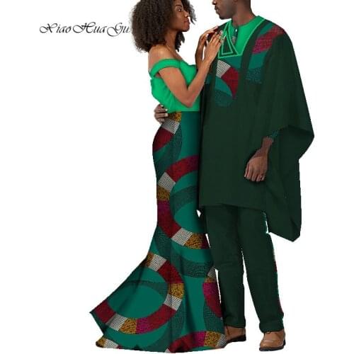 2019 African Dresses for Women Bazin Shirt and Pants Men 3 Pieces Sets Couples Lover Clothes Print Dress African Clothing WYQ301