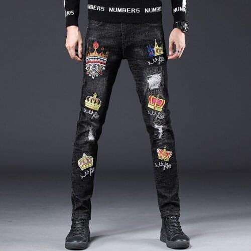 Free Shipping New 2020 mens male rown personality embroidery hole denim trousers stretch Chinese style winter retro denim pants