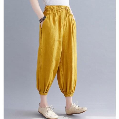 Women Summer Cotton Linen Casual Ankle-length Pants New Arrival 2021 Vintage Style Elastic High Waist Female Harem Pants S3932