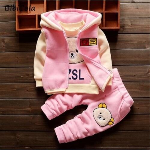 BibiCola baby clothing sets children cartoon bear winter cotton fleece wool suit warm thicken 3 pcs set baby boys girls set