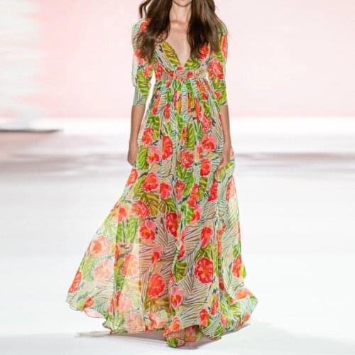 Vacation Bohemian Printed Long Dresses for Women Summer 2021 Boho V-neck Short Sleeve Floral Maxi Dress Chiffon Vestidos
