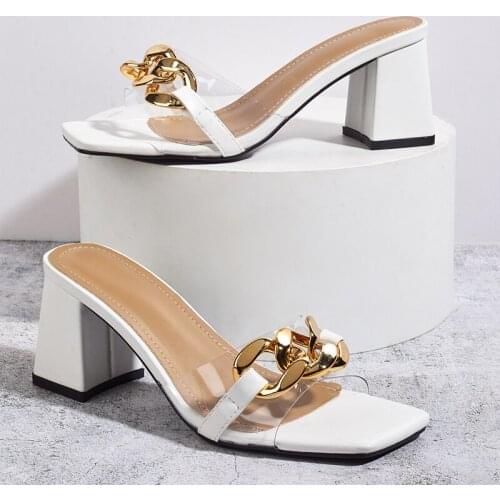 Donna-in 2021 New Summer Ladies Fashion Sandals Metal Chain Decoration Transparent High Heels Square Toe Women Party Shoes