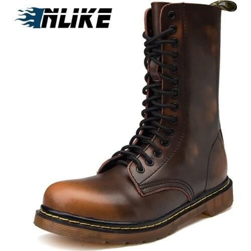 INLIKE Men Big Size Motorcycle Boots Genuine Leather Cool Rivet Combat Army Men Boots Punk Goth Biker Men Leather Shoes