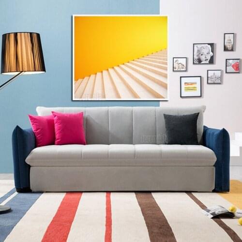 Canvas Painting Wall Art Yellow Wall and White Gentle Long Stair Scene Pattern European Style Living Room Bedroom Decoration