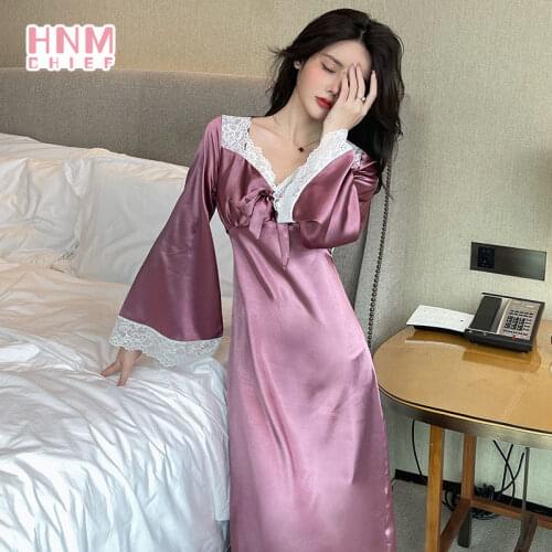 Fashion Autumn Vintage Elegant Sleepshirts Sexy V-neck Long Sleeve Slim Homewear Lace Stitching Long Skirt Casual Nightdress