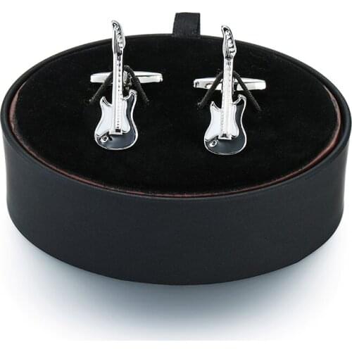 New Mens French Cufflinks Gift Set Black violin music equipment Cufflinks black leather box set
