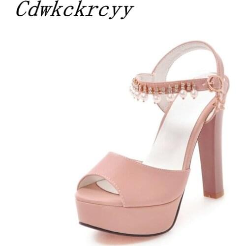 Summer New pattern fashion Pink Sweet Super high heel Fish mouth Women sandals Thick bottom Waterproof Beads Sandals size 34-43