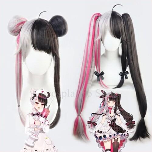 VTuber Yorumi Rena Wig Pink Mixed Grey Black Youtuber Cosplay Long Straight Ponytails Buns Synthetic Hair Vliver Girls