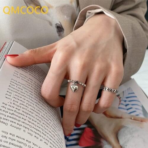 QMCOCO Simple 925 Silver Rings For Women Trendy Creative Design Heart-Shape Pendant Vintage Punk Party Gifts