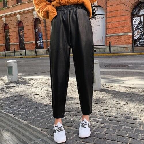 Chic High Waist Faux Leather Pants Women Pencil Loose Office Ladies Streetwear Pockets Trousers Plus size Casual Black Capris