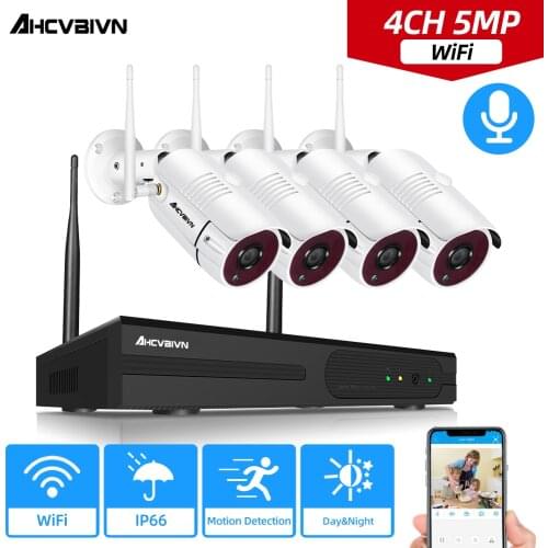 WIFI CCTV Camera Security System Kit 5MP 4CH Wireless NVR Kit Outdoor Waterproof Wifi Bullet Audio Camera Video Surveillance Set