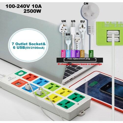 Lightning protection system 7 Way Power Socket & 6 usb socket with EU UK US multi USB charger