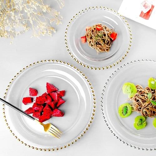 Nordic Glass Steak Plate Luxury Gold Flatware Silver Edge Pearl Beads Dishes Cake Dessert Wedding Decoration Tray Tableware Sets