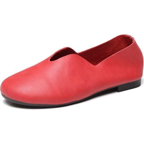 Spring Womens Grandmother Shoes Genuine Leather Casual Slip-On Round Toe Flat Handmade Pregnant Mothers Single Flats