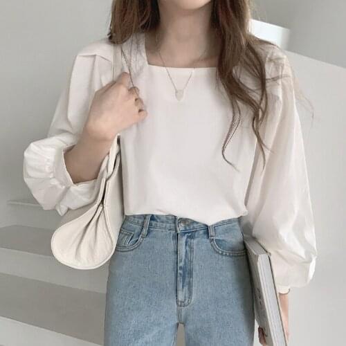 Korean Vintage Square Collar White Blouses Women 2021 Long Sleeve Loose Shirts for Women Female Tops Fashion New Clothing 13958