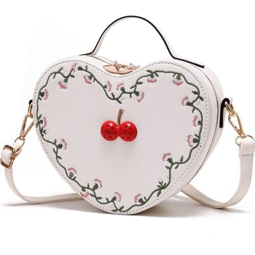 Fashion Embroidered Shoulder Bag Women Cherry Heart Shaped Crossbody Bag Pu Leather Chain Handbags and Purses Ladies Clutch Bag