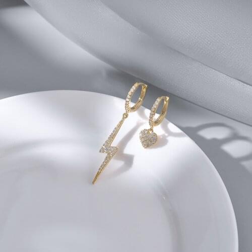 High Quality 14K Real Gold Asymmetric Zircon Lightning Love Personality Design Stud Earrings for Women Cubic Zircon ZC Earrings