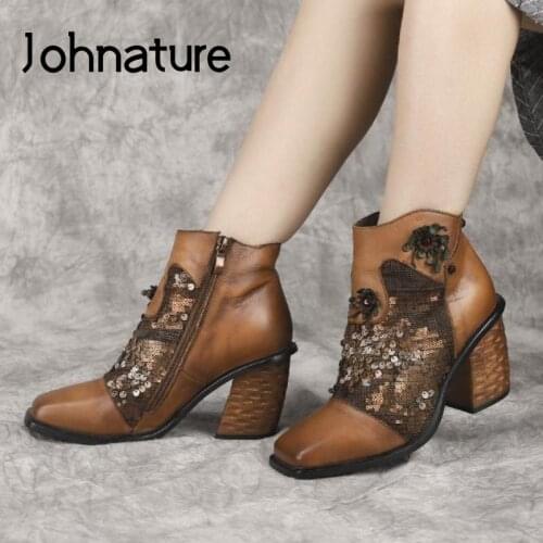 Johnature 2021 New Winter Women Boots Genuine Leather Zip Women Shoes Concise Bling Handmade Retro Casual Ankle Platform Boots