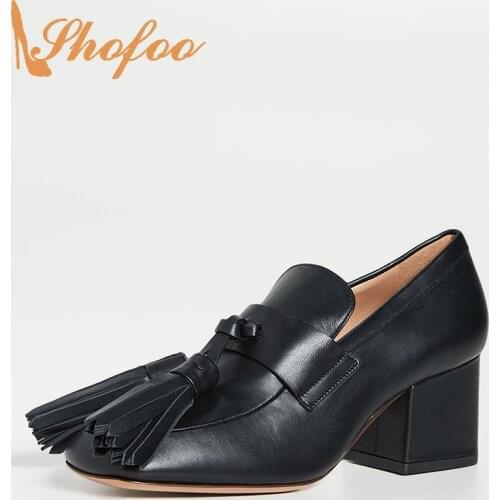 Shofoo Black Square Toe Super High Chunky Heels Slip On Fringe Pumps Large Size 13 15 Ladies Autumn Fashion Cusual Mature Shoes