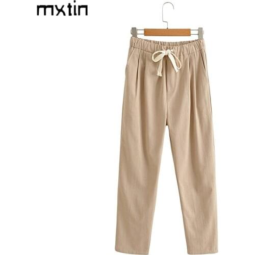 2021 Women Spring Vintage With Drawstrings Jogging Pants Fashion Elastic Waist Side Pockets Female Ankle Trousers Mujer