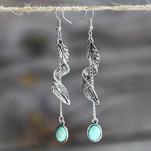 Bohemia 7cm Long Link Chain Turquoises Drop Earrings Womens Gold Metal Twist Leaf Blue Stone Vintage Earring Gift Z3D308