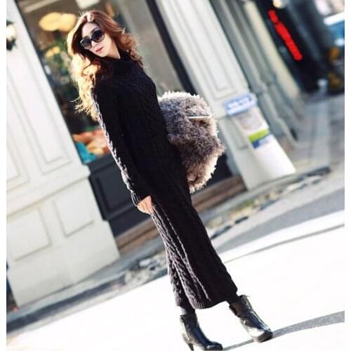 Women Winter Knit Dresses Europe Long Sleeve Turtleneck Casual Slim Warm Maxi Sweater Dress Plus Size Womens Clothing