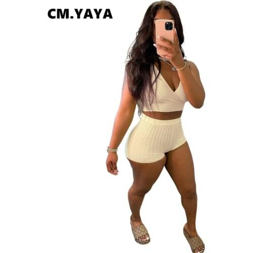 CM.YAYA Women Set Solid Waffle Sleeveless V-neck Crop Tops Strechy Shorts Two 2 Piece Sets Tracksuit Sweatsuit Summer Outfits