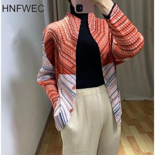 M women autumn clothes folded stripe printed Pleated Coats long sleeves single-breasted stand collar coat famale new K327