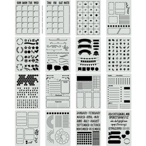 16pcs Plastic Journal Stencils Template for Journal Notebook Diary Scrapbook Planner DIY Drawing StencilS B95C