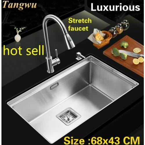 Free shipping Apartment big Luxury kitchen manual sink single trough do the dishes 304 stainless steel hot sell 680x430 MM