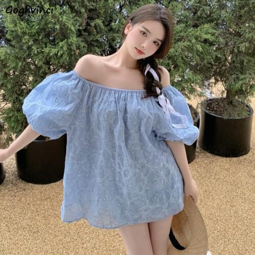 Summer Short Puff Sleeve Blouses Women Thin Plus Size S-3XL Sweet Floral Off-shoulder Females Shirts Simple Casual Streetwear BF