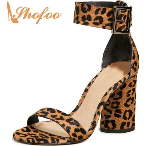Large Size 11 16 Brown Leopard Ankle Buckle Strap Sandals Woman High Chunky Heels For Ladies Female Dress Shoes Fashion Mature