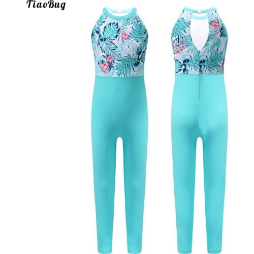 TiaoBug Kids Girls One-Piece Print Jumpsuit Halter Sleeveless Backless Mesh Patchwork Full Length Swimming Dance Gym Leotards