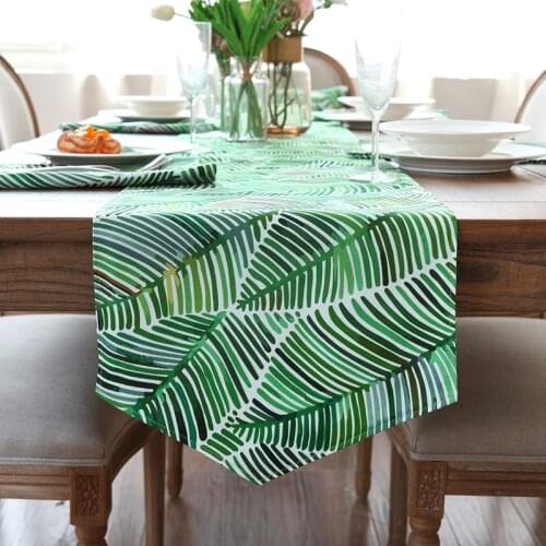 DUNXDECO Table Runner Cotton Canvas Tablecloth Palm Leaf Country Style Party Decoration Mesa Cover Mat Fresh Green Fabric