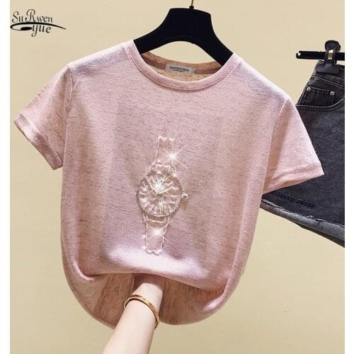 Korean Fashion Clohthing T Shirt Women Summer Diamonds Short Sleeve Tops Vintage Female T-shirt Top Casul Basic Tee Shirt 9640
