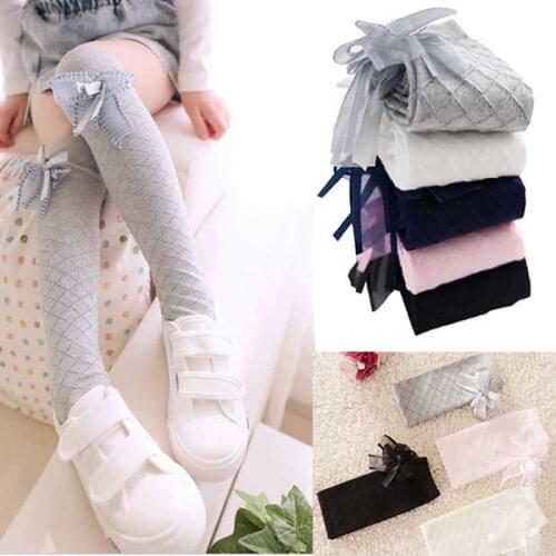 Bow Cotton Silk Stockings Children Princess Cotton Knee High Girl Fashion Leg Warmers Diamond Lattice Girls for Straight Mesh