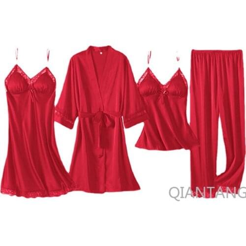 Summer Lady Rayon 4PCS Robe Gown Set Sexy Strap Top Nightgown Bathrobe Pajamas Floral Trim Sleep Suit Loose Bride Dress Homewear