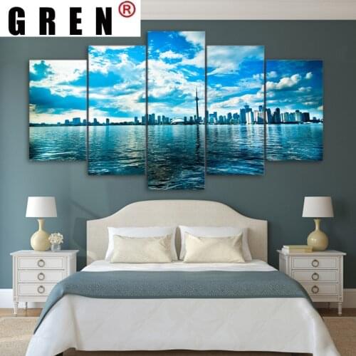 GREN Canvas Painting Modular HD Printed 5 Panels Urban Architectural Lake Tower Sky Posters Wall Picture Living Room Home Decor