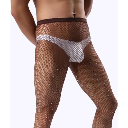 Mens Coffee Tights Sexy Fishnet Stockings Mens High-stretch Hot Rhinestone Pantyhose Man Transparent Net Tights Dropshipping